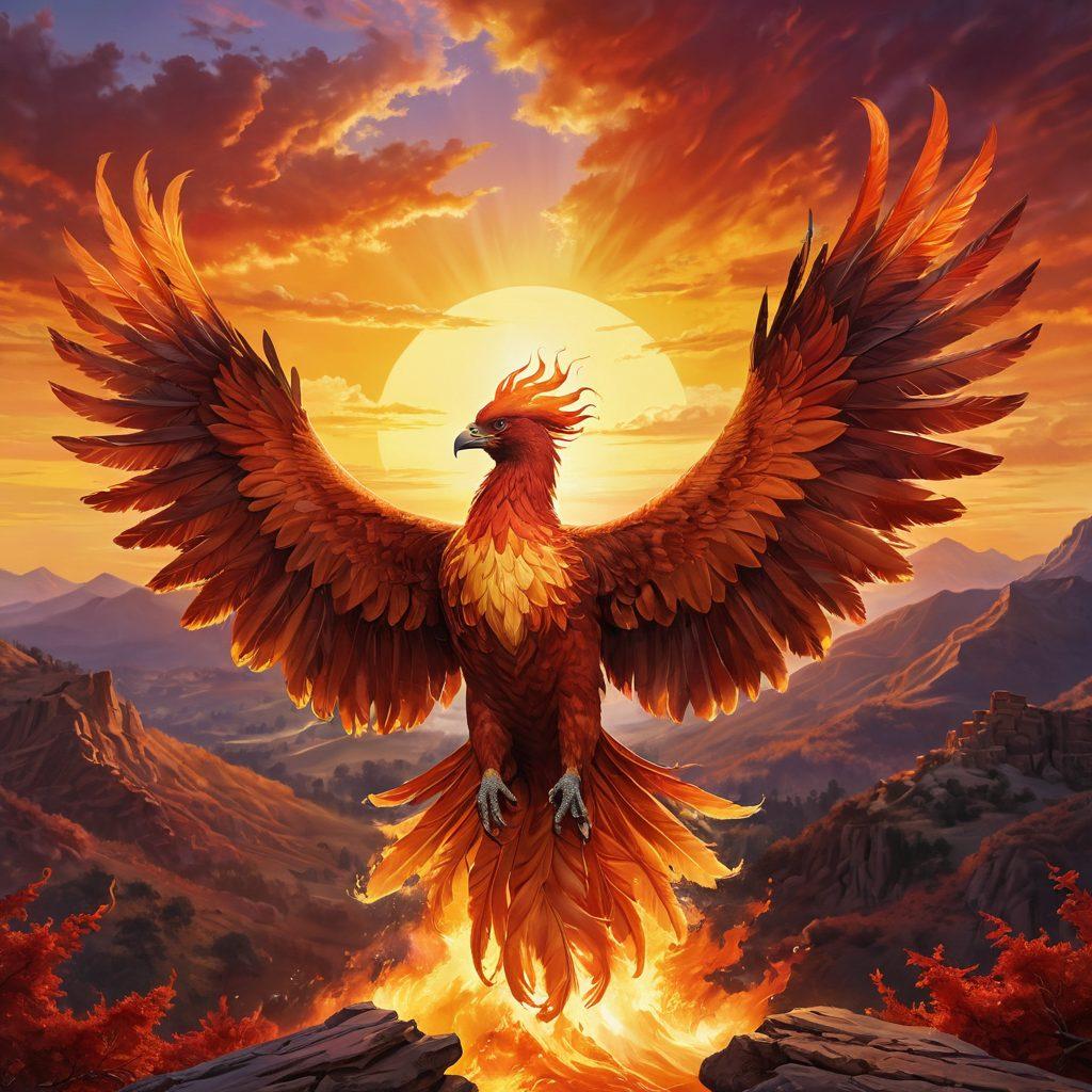 A majestic phoenix rising from vibrant flames, its feathers ablaze with shades of red, orange, and gold, symbolizing the spirit of fiery enthusiasm. In the background, an ethereal landscape of rolling hills and a bright sunrise infusing the sky with warm tones. The scene captures a sense of powerful energy and transformation, inviting the viewer into a world of passion and inspiration. super-realistic. vibrant colors. dynamic composition.