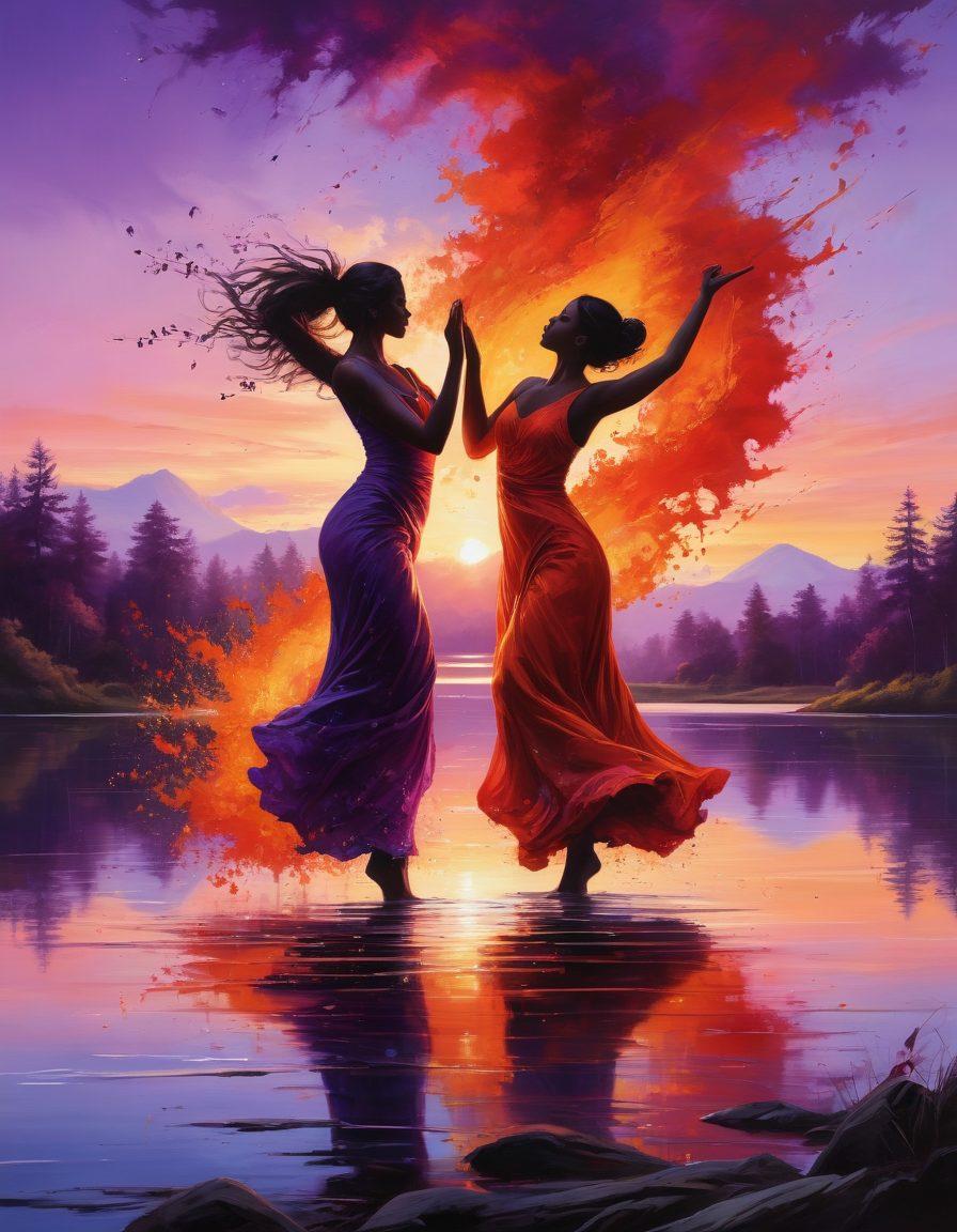 A mesmerizing landscape featuring a dramatic sunset, with vibrant hues of red, orange, and purple reflecting on a tranquil lake. Silhouettes of passionate individuals engaged in dance and art, embodying the spirit of creativity and fire. Include dynamic flames rising from the ground, swirling elegantly around them, symbolizing inspiration and energy. Elements of nature intertwining with artistic expressions like paint splashes and musical notes in the air. super-realistic. vibrant colors. painting.