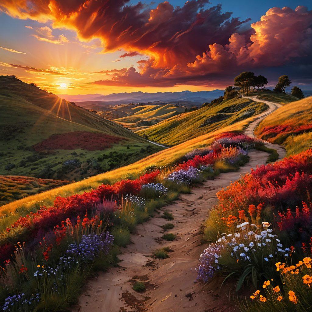 A vivid depiction of a landscape ablaze with deep reds, oranges, and golds, representing fiery passion and intensity. Include a winding path leading into the horizon, flanked by wildflowers symbolizing growth and fervor. In the background, a radiant sunset casts dramatic shadows on rolling hills, evoking a sense of adventure and exploration. The scene is alive with swirling clouds and vibrant colors to emphasize emotion and movement. surrealism. vibrant colors. dramatic lighting.